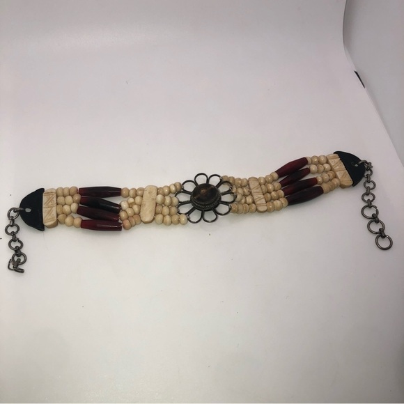 Vtg Carved Bone Petrified Wood & Leather Accent Choker Necklace 12” - 14” - Picture 2 of 7